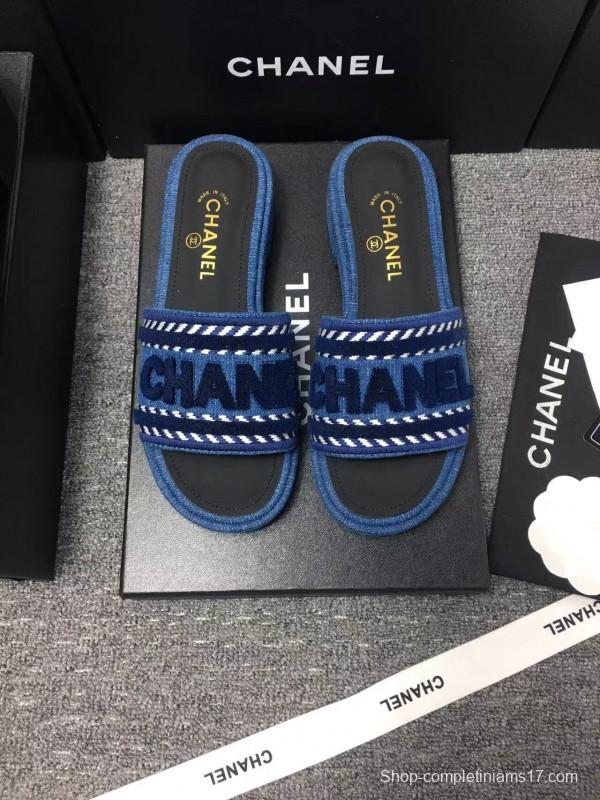 2025 Slippers Chanel Blue Fabric Slippers LY00270