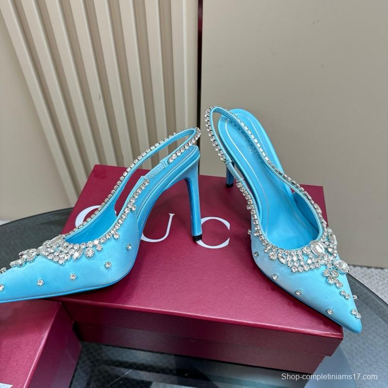 2025 Women Gucci Blue Silk Crystal Embellished Slingback Pumps MJ00340