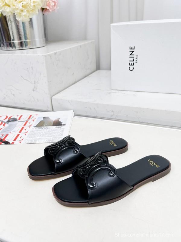 2025 Women Celine Black Leather Slippers LY00190