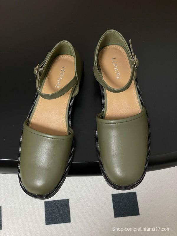 2025 Women Lemaire Green Leather Mary Jane Shoes