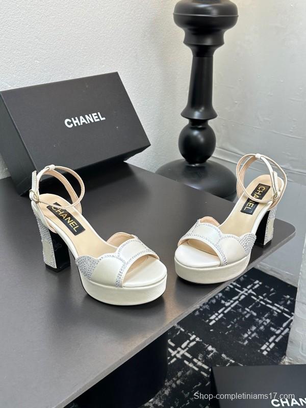 2025 Women Chanel White Leather Platform Sandals Beaded LY00320