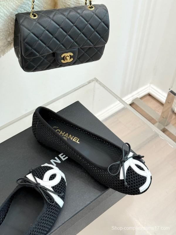 2025 Women Chanel Black White Mesh Leather Ballet Flats KFY00260