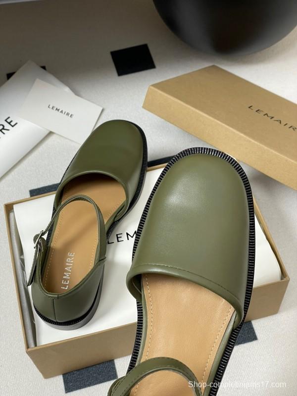 2025 Women Lemaire Green Leather Mary Jane Shoes