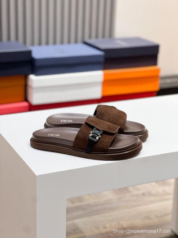 2025 Men Dior Brown Suede Leather Slippers AS00190