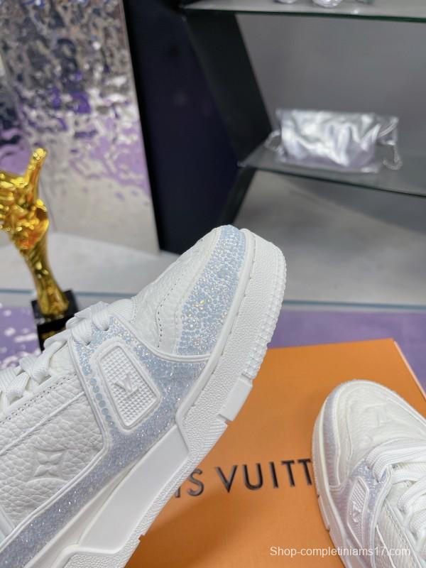 2025 Unisex Louis Vuitton White Leather Denim Trainers With Beads AS00400