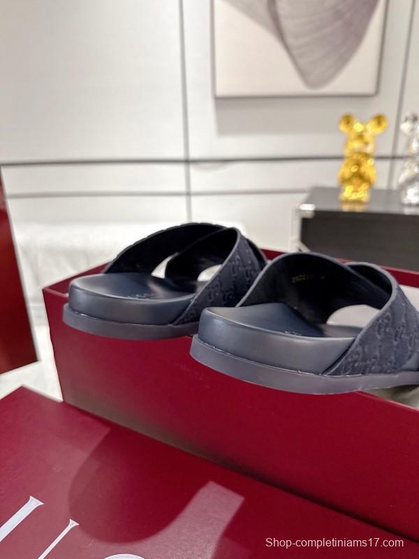 2025 Unisex Gucci Navy Fabric Slippers Double G Embossed AS00240