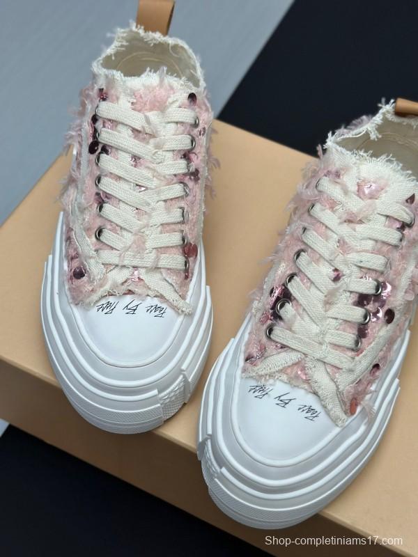 2025 Women XVESSEL Pink White Canvas Plimsolls Distressed AS00260