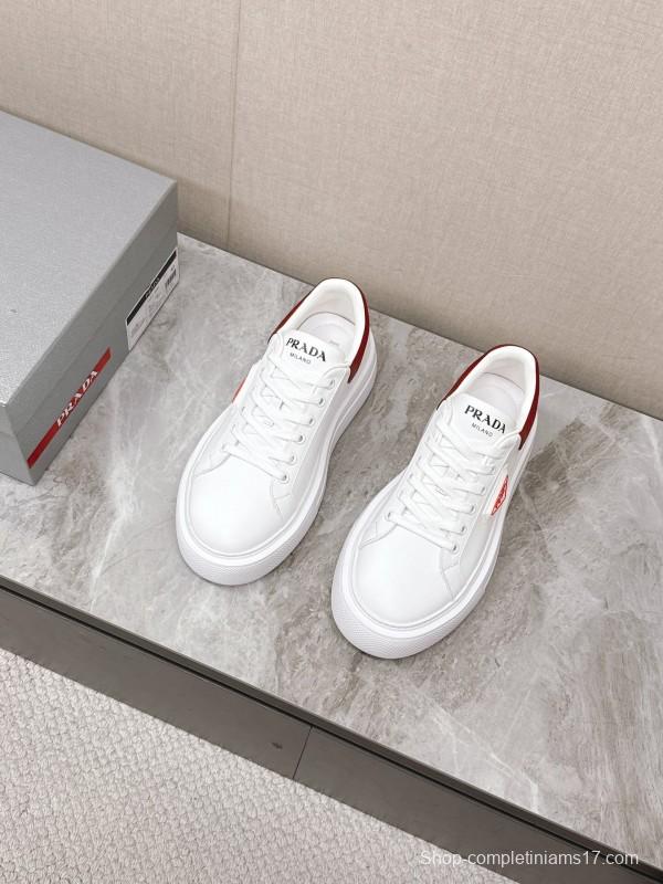 2025 Unisex Prada White Red Calf Leather Sneakers KFY00290