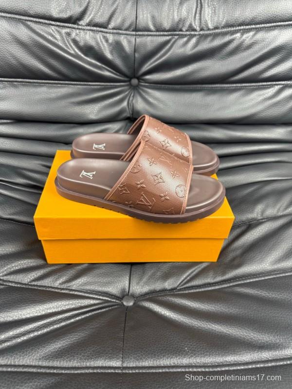 2025 Men Louis Vuitton Brown Leather Slippers AS00170