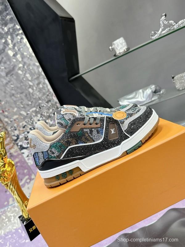 2025 Unisex Louis Vuitton Blue Grey Black Leather Fabric Sneakers Handcrafted Crystals AS00400