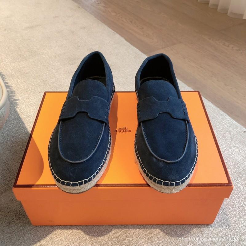 2025 Unisex Hermès Navy Blue Suede Calfskin Loafers AS00380