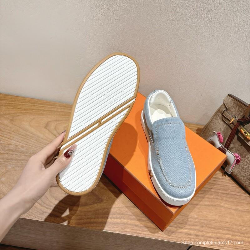 2025 Unisex Hermès Light Blue Canvas Leather Loafers AS00380