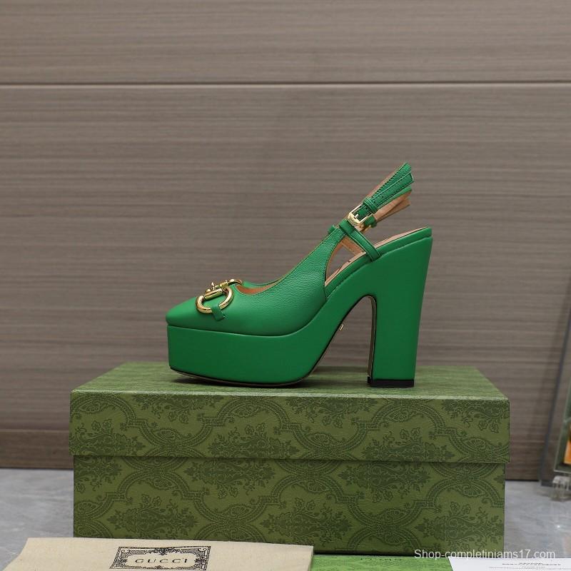 2025 Women Gucci Green Leather Platform High Heels KFY00320