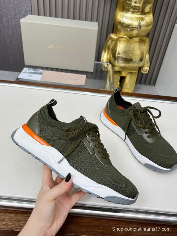 2025 Unisex Santoni Military Green Orange Wool Blend Knit Sneakers AS00320