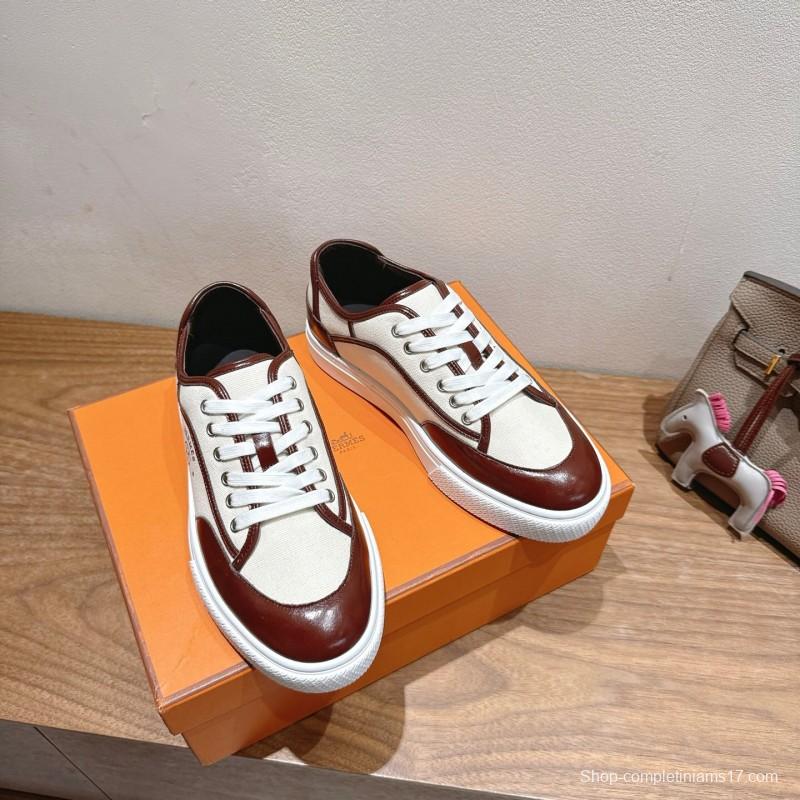 2025 Unisex Hermes Brown White Fabric Leather Sneakers AS00380