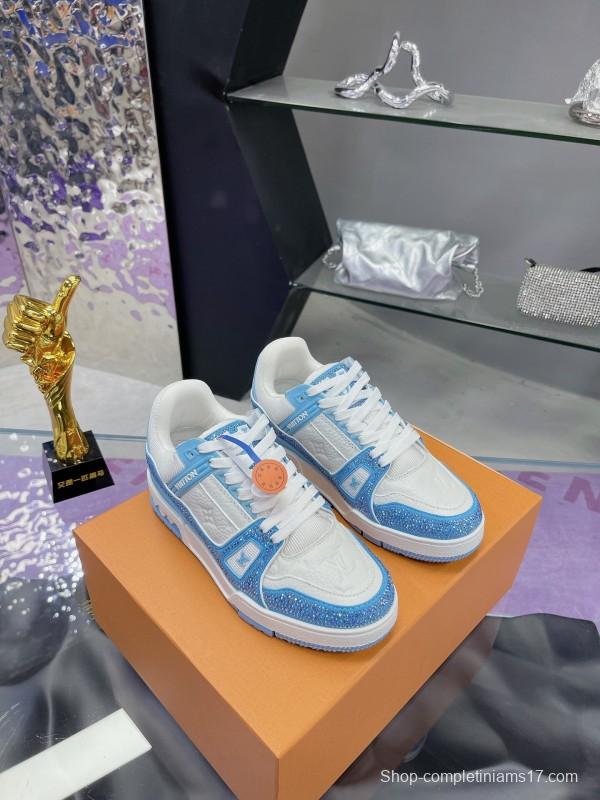 2025 Unisex Louis Vuitton Light Blue White Leather Denim Plimsolls Hand Drilled AS00400