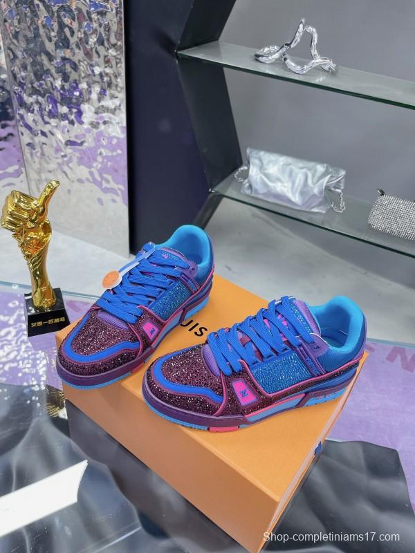 2025 Women Louis Vuitton Blue Purple Leather Fabric Plimsolls Handcrafted Rhinestones AS00400