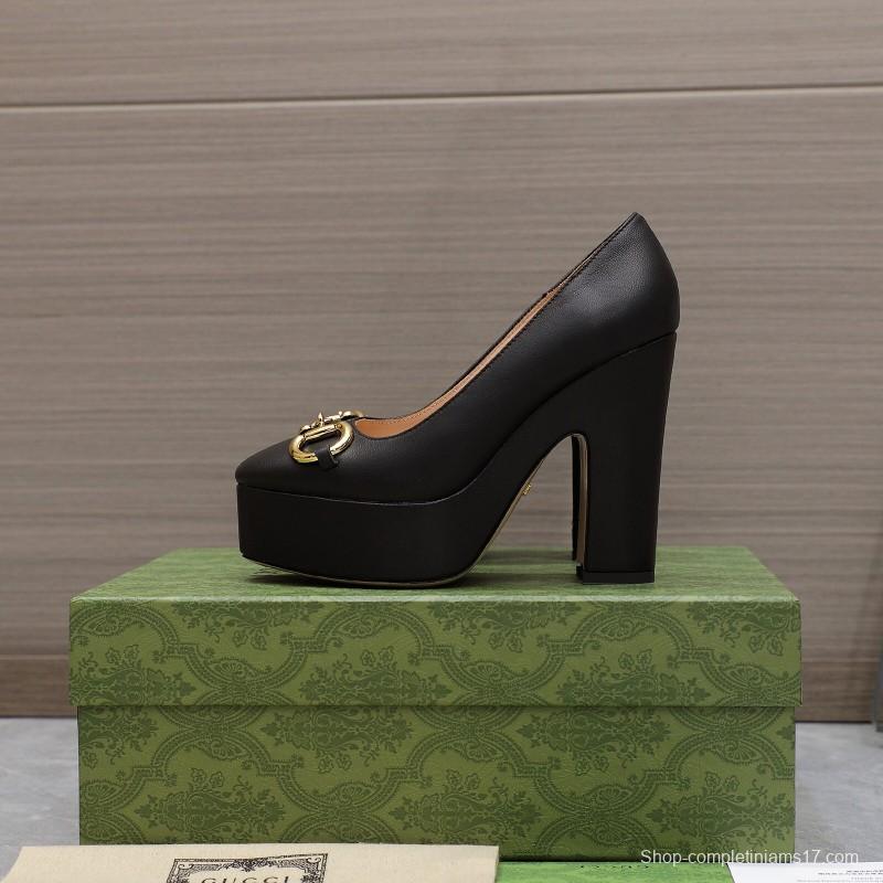 2025 Women Gucci Black Sheep Leather Platform Pumps KFY00320