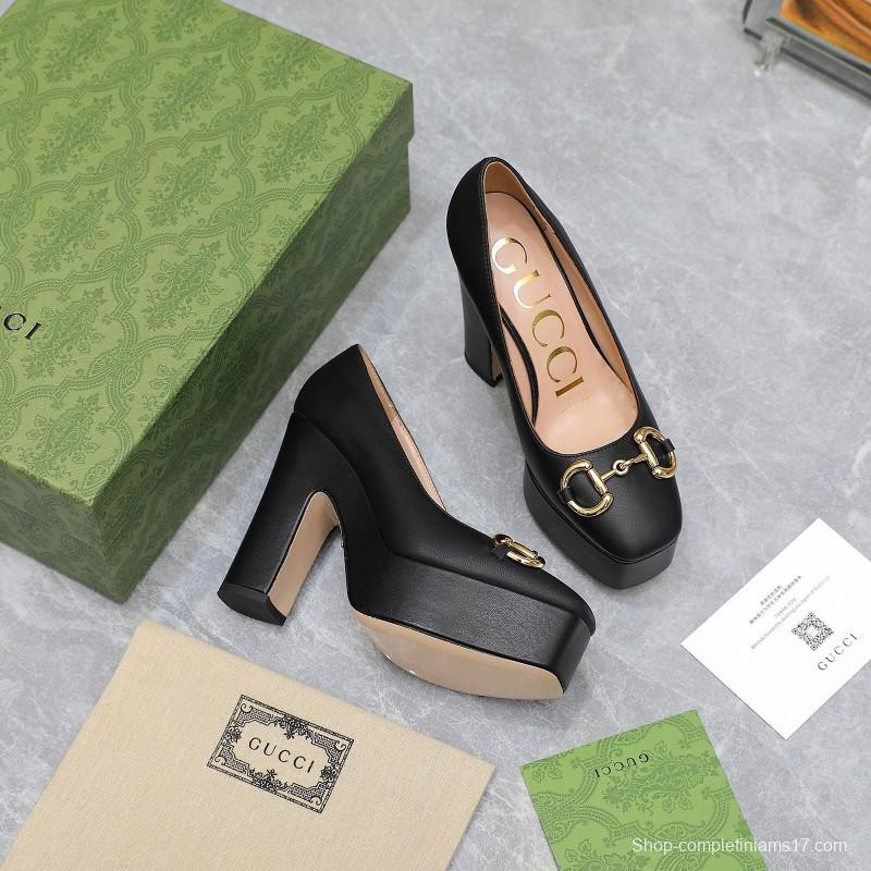 2025 Women Gucci Black Sheep Leather Platform Pumps KFY00320