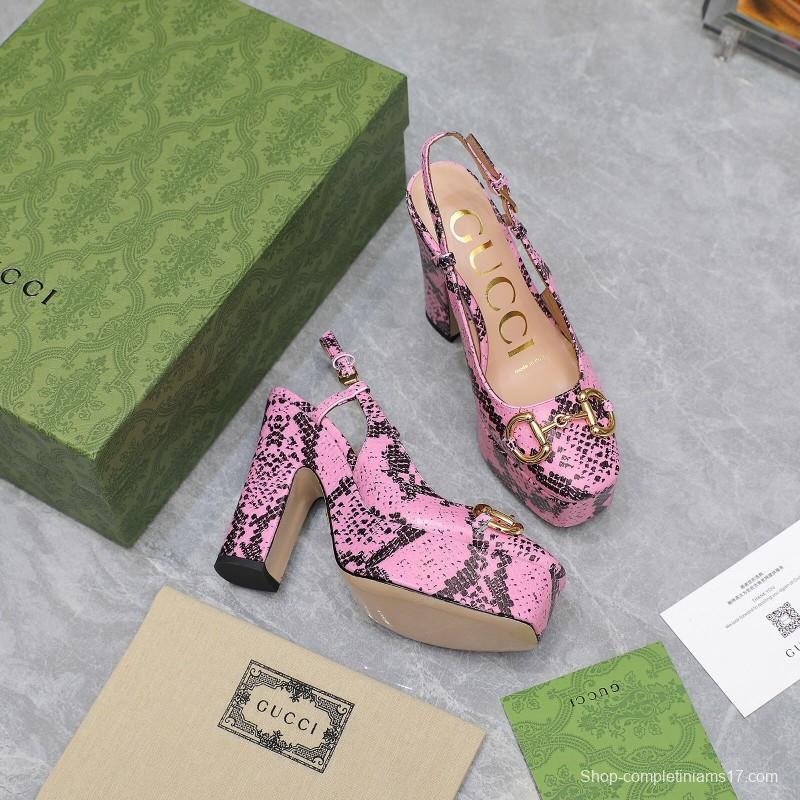 2025 Women Gucci Pink Black Leather Platform High Heels KFY00320