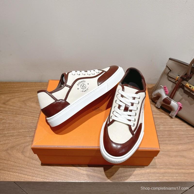 2025 Unisex Hermes Brown White Fabric Leather Sneakers AS00380