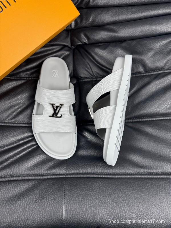 2025 Men Louis Vuitton White Leather Slippers AS00170