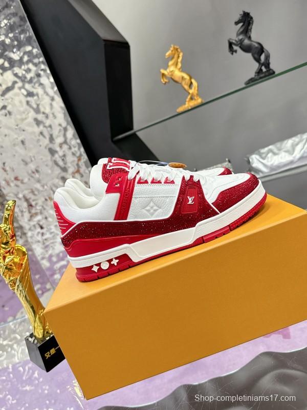 2025 Unisex Louis Vuitton Red White Leather Fabric Plimsolls Handmade Rhinestone AS00400