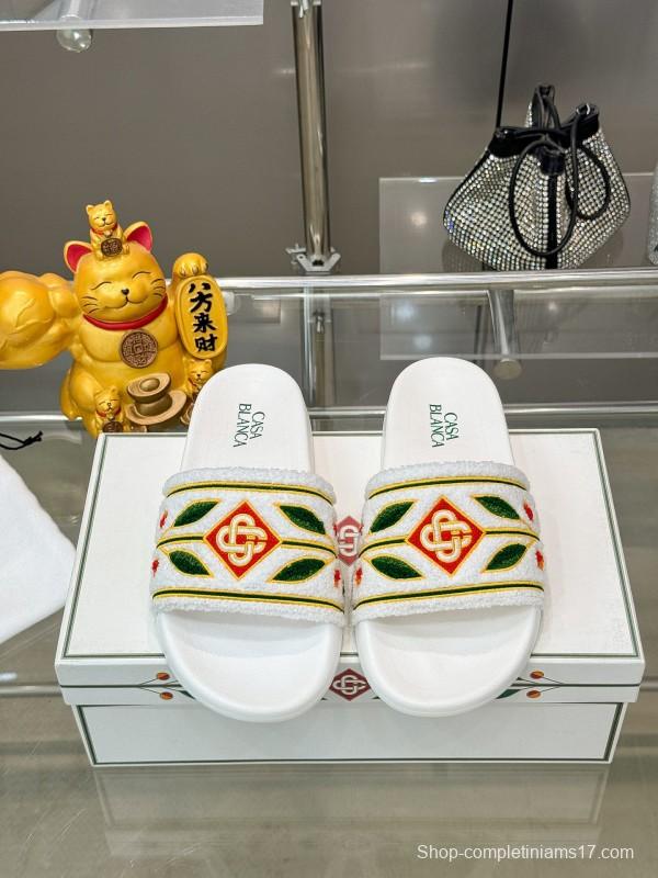 2025 Men CASA BLANCA White Green Red Embroidered Leather Slippers KFY00160