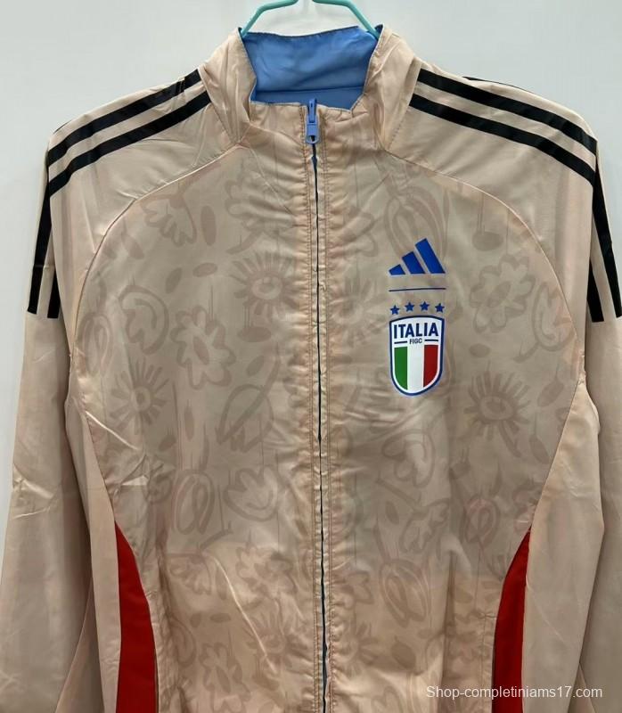 2025 Italy Light Blue/Beige with Floral Pattern Reversible Windbreaker