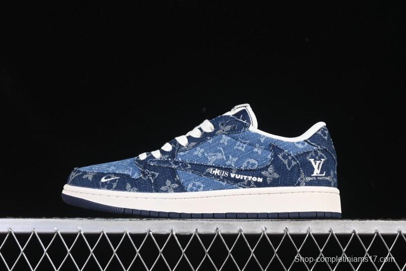 Nike Travis Scott x Fragment Design x Air Jordan 1 Low OG SP AJ1 Low-top Casual Sneakers with Washed Denim Blue Print - XD0798-312