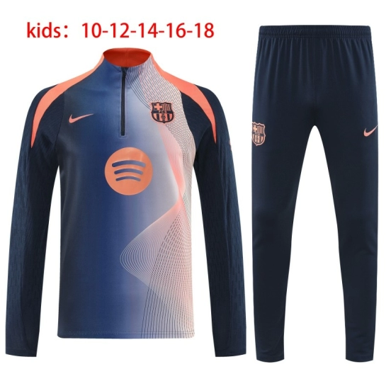 Kids 25/26 Barcelona Navy Blue with Orange Gradient Pattern Half Zipper Jacket Tracksuit +Long Pants