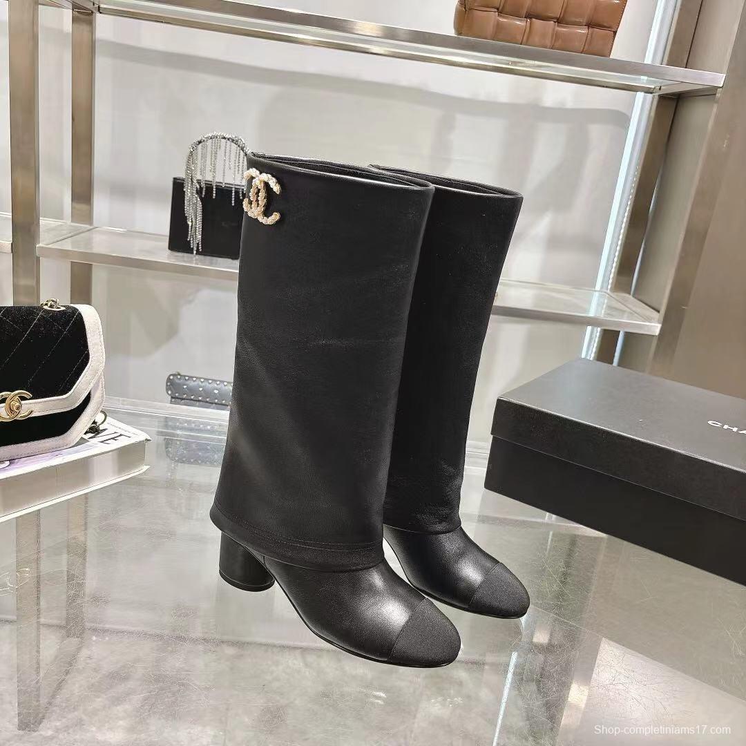 Chanel 2025/SS Autumn Winter Runway Turn-Cuff Block Heel Straight Tube Boots Classic Color Block - LY00510
