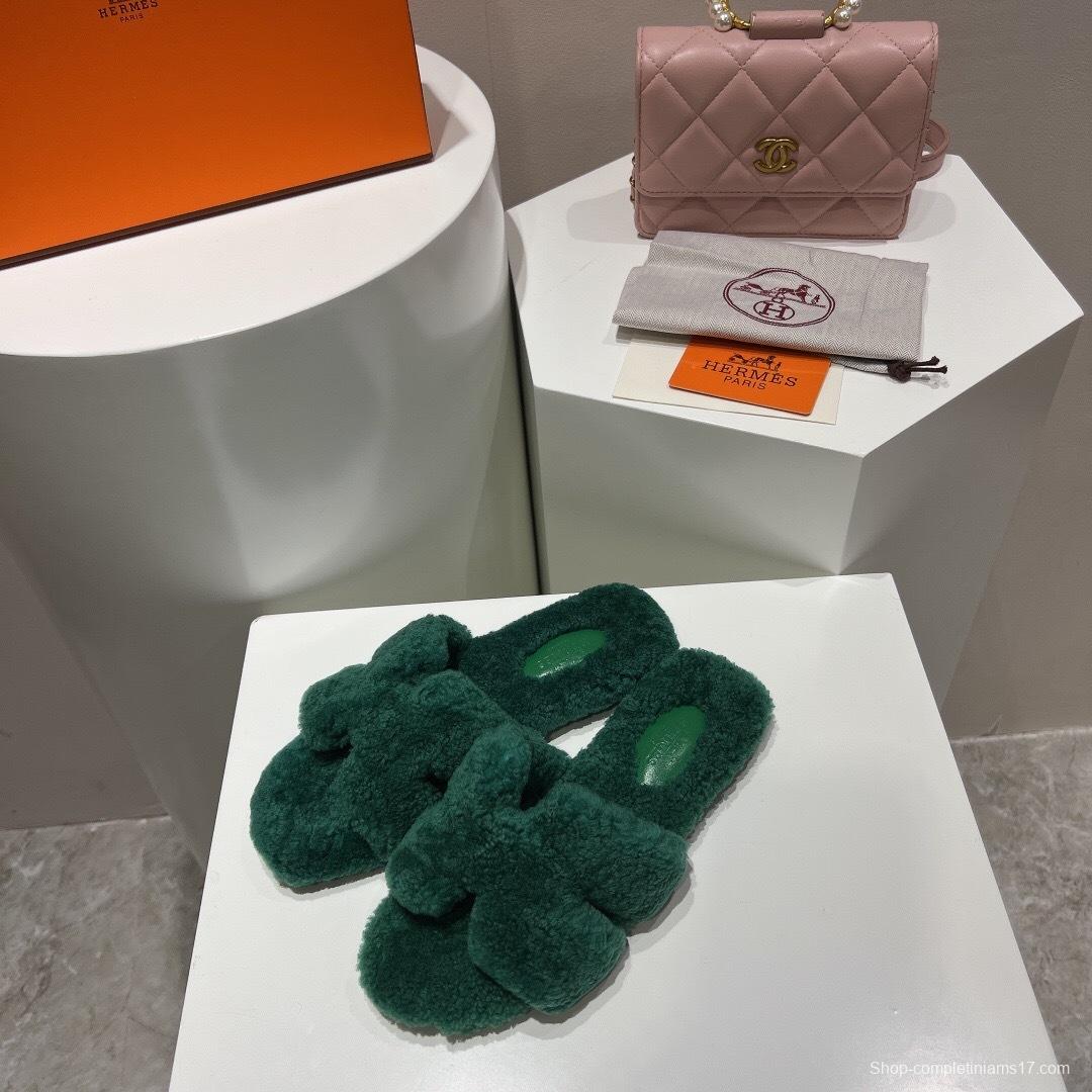 H Teddy Wool H Slippers Flat Sole Fur Slippers - LY00240