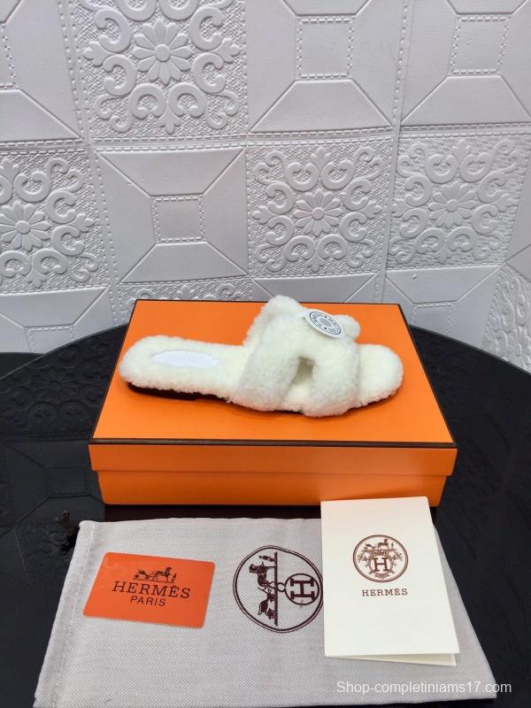 H Teddy Wool H Slippers Flat Sole Fur Slides - LY00240