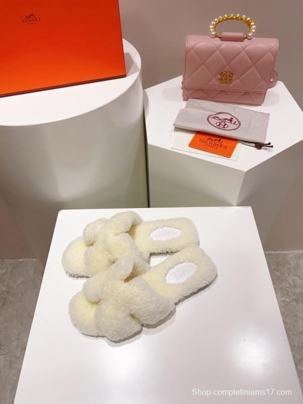 Hermes Teddy Wool H Slippers Flat Fur Slides - LY00240