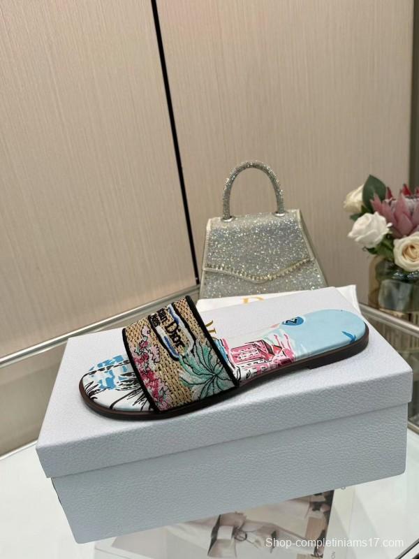 Dior 2025 SS CD Embroidered Monogram Slippers with Sheepskin Lining - LY00200