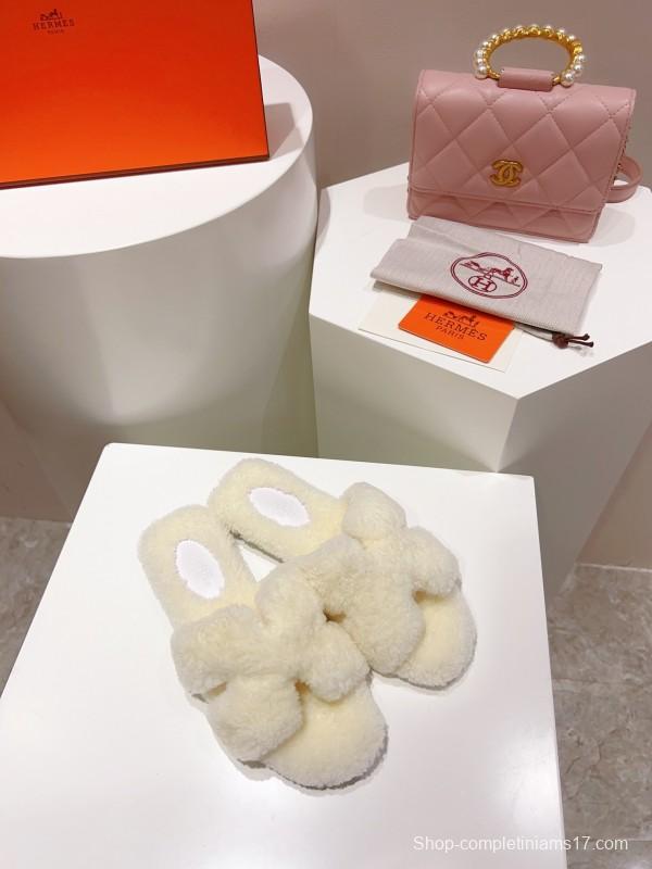 Hermes Teddy Wool H Slippers Flat Fur Slides - LY00240