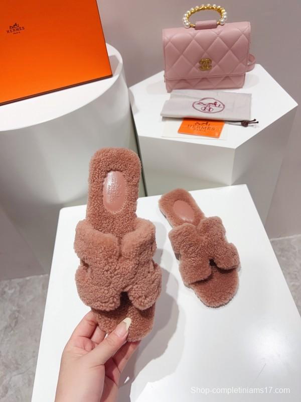 H Teddy Wool H Slippers Flat Sole Winter Edition - LY00240
