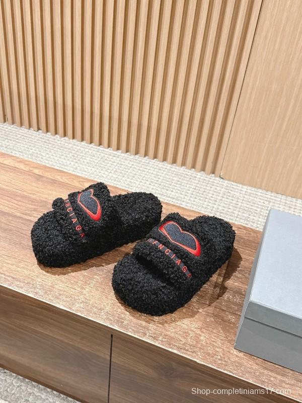 Balenciaga 2025 SS Qixi Limited Series Letter Embroidery Platform Shearling Slippers - AS00200