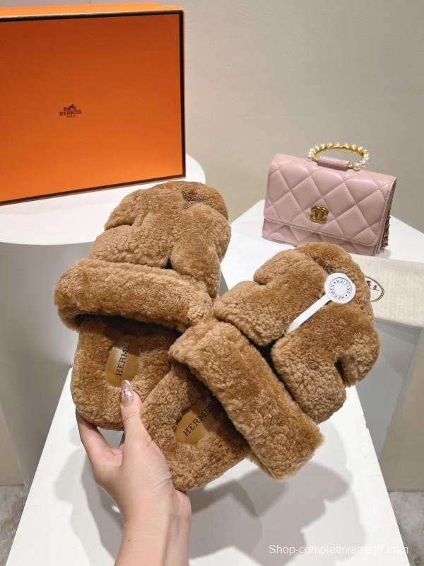 H Love Tulle Full Wool Fur Slippers with Wavy Fur - LY00270