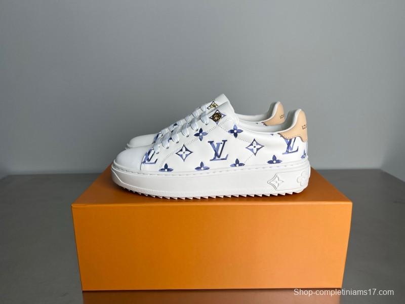 Louis Vuitton Time Out Cherry Blossom Collection Leather Round Toe Flat Low Top Sneakers Women's - YC