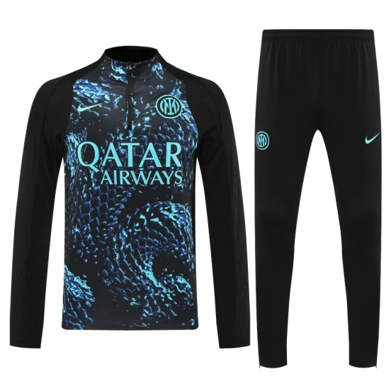 Player Version 25/26 Inter Milan Black with Blue Water Splash Pattern Half Zipper Jacket Tracksuit +Long Pants