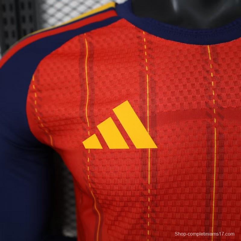 Player Version 2026 Spain Home Long Sleeve Red with Vertical Stripe Pattern Jersey