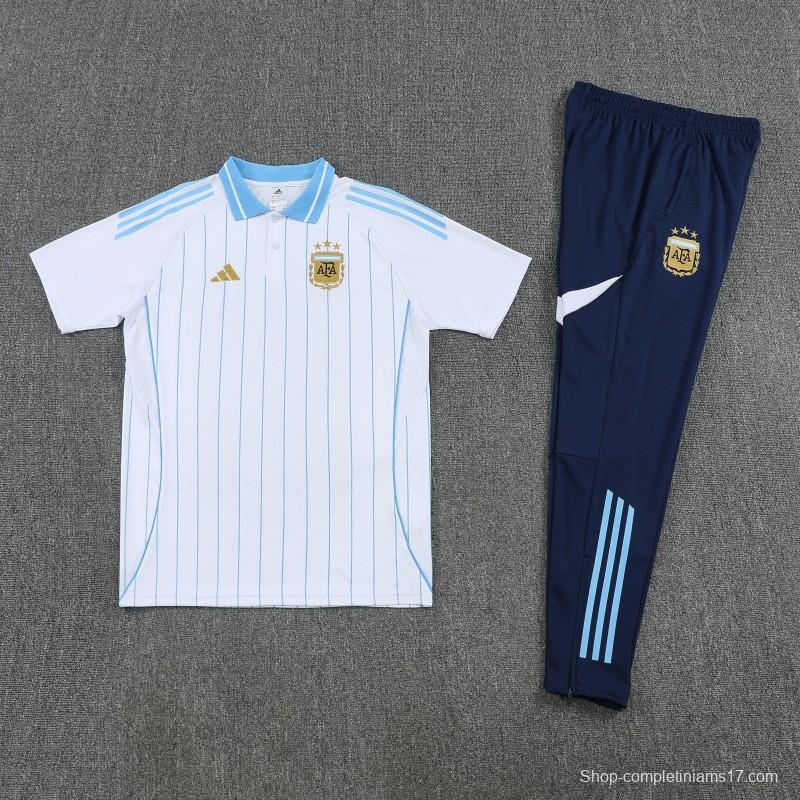 26/27 Argentina White Stripes Polo Training Shirt + Navy Blue Long Pants Tracksuit