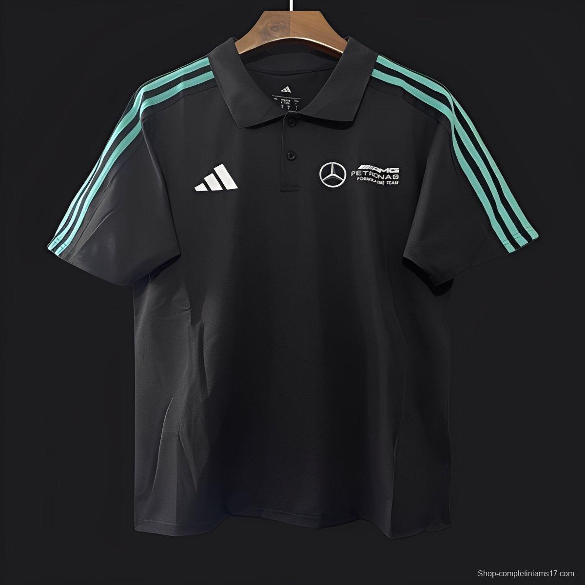2025 F1 Mercedes-AMG Petronas Formula One Team Black with Turquoise Three Stripes Polo Shirt