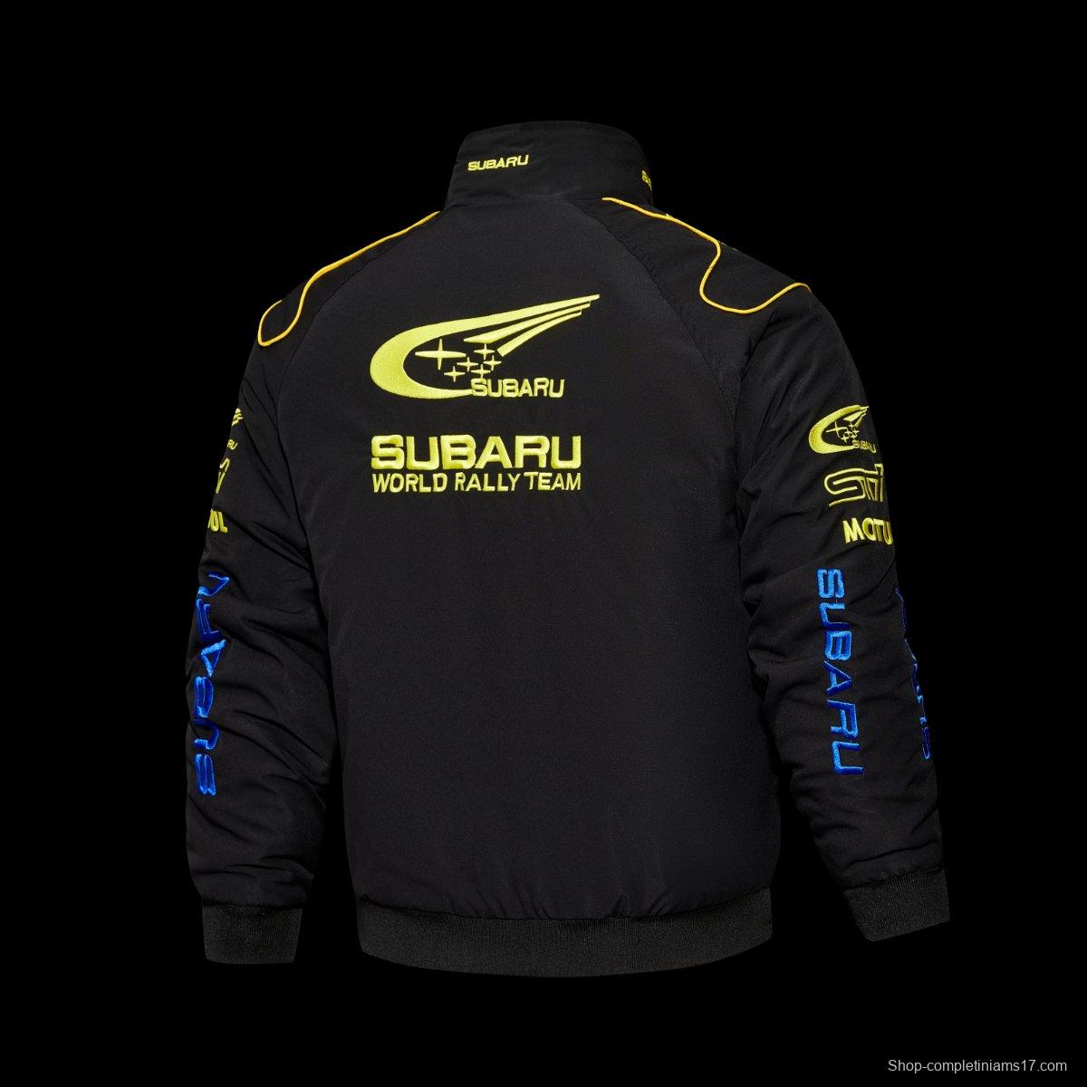 2026 F1 Subaru World Rally Team Black and Blue Racing Jacket with Yellow Trim and Pirelli Logo