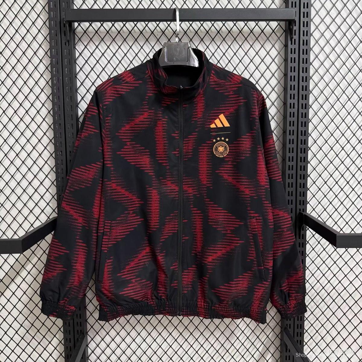 2025 Germany Black with Red Geometric Pattern Full Zipper Windbreaker